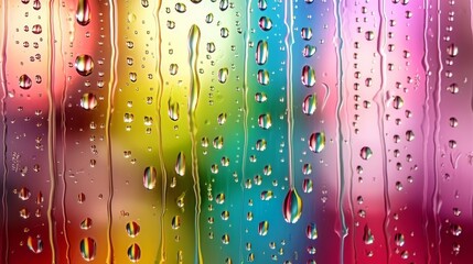 Vibrant rainbow colors through water droplets on glass