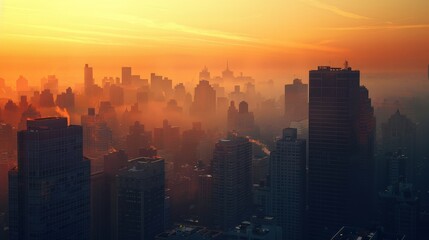 Fototapeta premium The city skyline is lit up at night, with the sun setting in the background. The buildings are tall and the city is bustling with activity