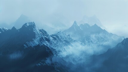 The mountains are covered in snow and the sky is cloudy. The scene is serene and peaceful, with the mountains towering over the landscape