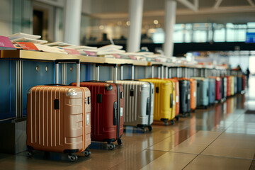 A row of suitcases are lined up on the floor of an airport