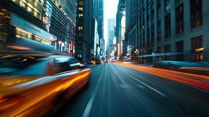 A blurry shot of a busy city street with cars and a taxi cab. Concept of motion and energy, as the...