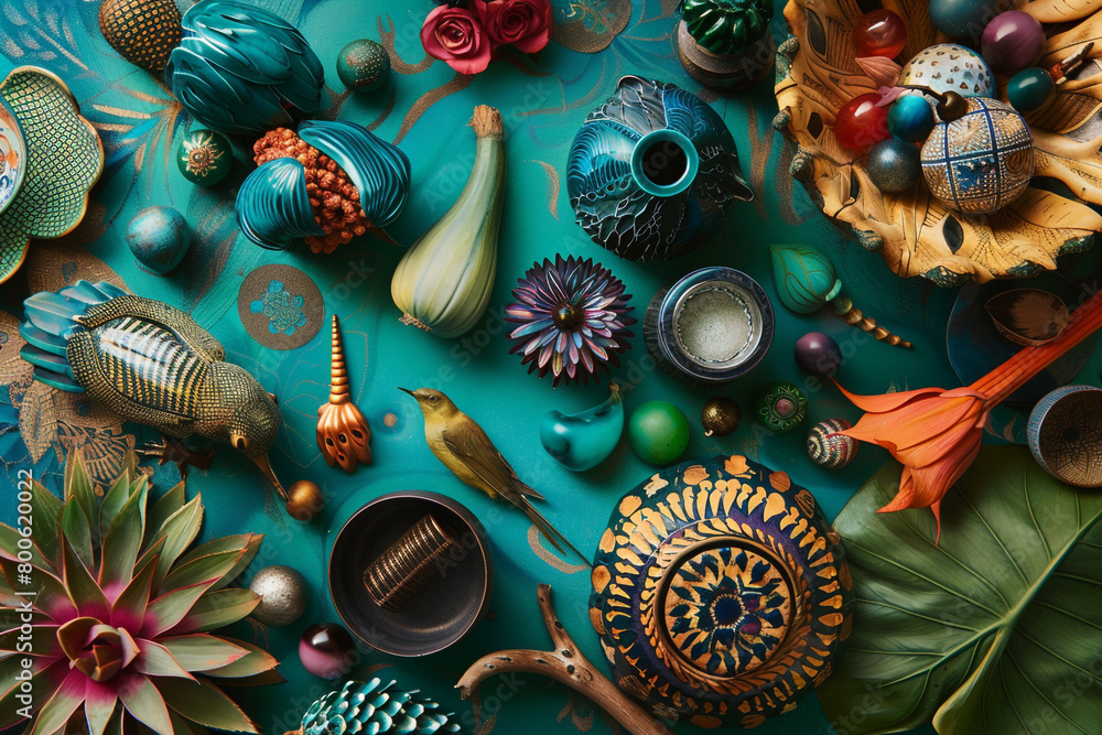 Poster Hyperrealistic maximalism flat lay eclectic items vibrant details textured backdrop 