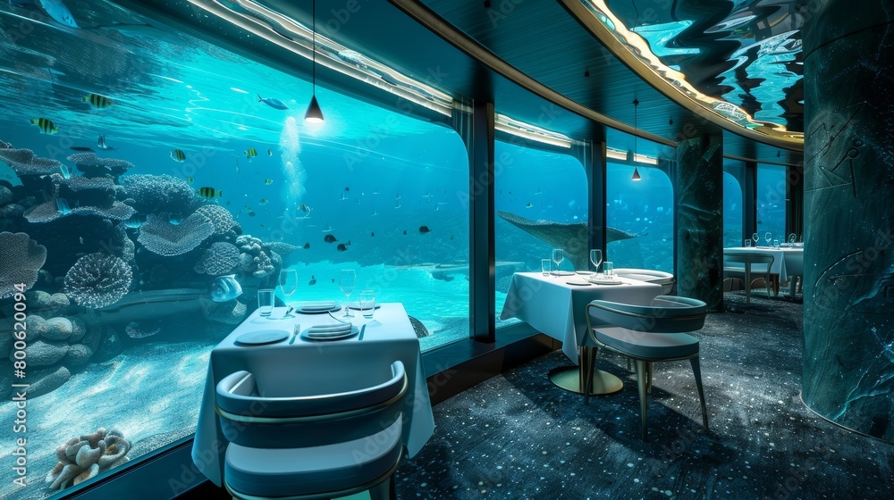 Wall mural a table with two chairs and a white tablecloth in an underwater restaurant. the aquarium is filled w