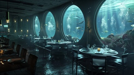 A restaurant with a large aquarium in the background. The aquarium is filled with fish and other sea creatures. The restaurant has a modern and sophisticated atmosphere