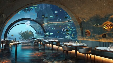 A restaurant with a large aquarium in the background. The aquarium is filled with fish and other sea creatures. The restaurant has a modern and sophisticated atmosphere