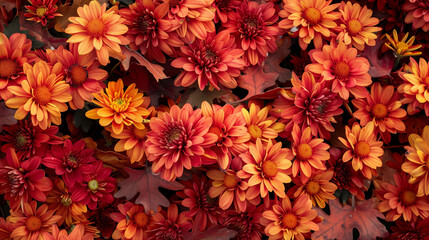 top down view of red and orange chrysanthemums with autumn leaves, fall foliage and flowers