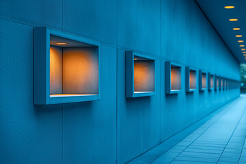 Modern Blue Corridor with Illuminated Windows and Ceiling Lights