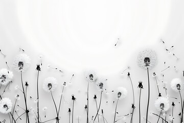 white dandelions on white background, minimalism style in flowers, card with copy space, floral wallpaper, bottom view