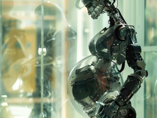 detailed view of a robot in a display case, highlighting its intricate features and design.