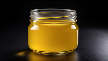 Ghee butter in a glass jar isolated on dark background