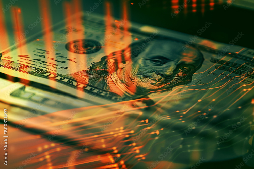 Aufkleber macro perspective of currency being printed, with an overlay graph of inflation, a reflection on fin