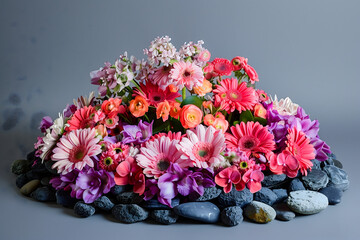 Colorful dahlia, pink roses and purple flowers in an organic rectangular ceramic vase on the table