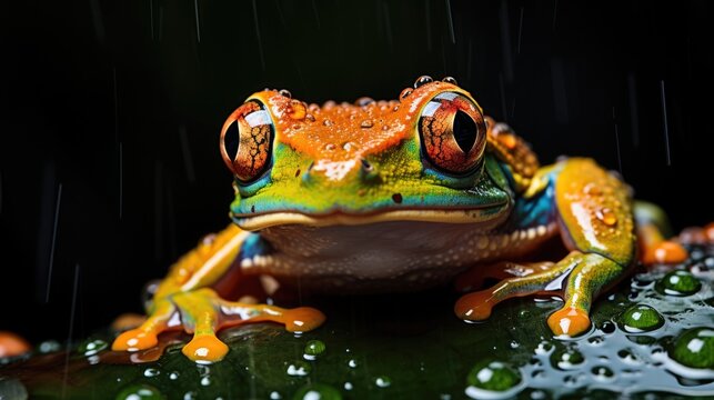 close up portrait of a tropical punk tree frog on a large wet frond