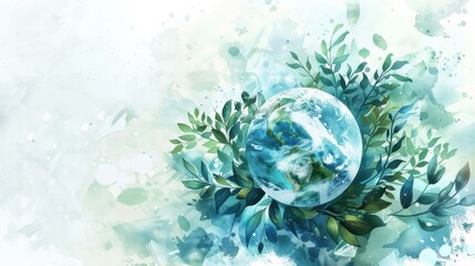 Environmental symbol: Earth globe embraced by a wreath of green leaves.