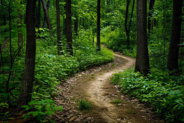 A winding trail through a dense green forest, inviting exploration.