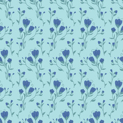 Blue wildflowers with leaves seamless pattern. Floral endless background. Flower loop tiled ornament Summer botanic repeat cover. Vector hand drawn illustration.