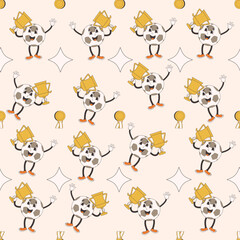 Fototapeta premium Soccer ball with cup seamless pattern. Football retro cartoon endless background. Groovy mascot repeat cover. Sport championship loop ornament. Vector illustration.