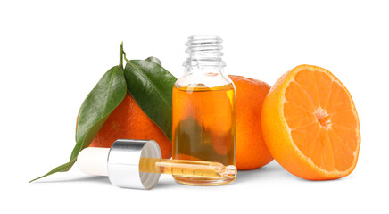 Aromatic tangerine essential oil in bottle, pipette and citrus fruits isolated on white