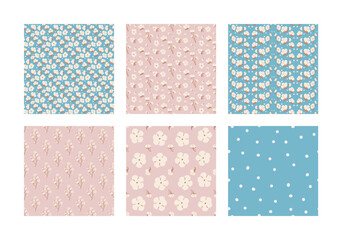 Cotton flowers seamless patterns collection. Branches and ripe cotton bolls endless background set. Purity, innocence symbols repeat covers. Vector hand drawn blue and pink illustration.
