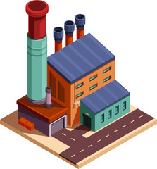 isometric cartoon factory with pipes and buildings, vector illustration