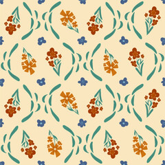 Retro flowers seamless pattern. Floral endless background. Wild flower ornament tile warm colors. Vintage botanic repeat cover. Vector hand drawn illustration.