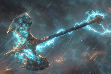 Lightning-charged stormcaller's battle axe, crackling with electrical energy.