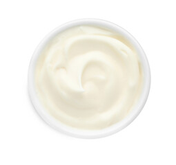 Tasty fresh mayonnaise sauce in bowl isolated on white, top view