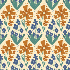 Fototapeta premium Retro flowers seamless pattern. Floral endless background. Wild flower ornament tile. Vintage botanic repeat cover. Vector hand drawn illustration.
