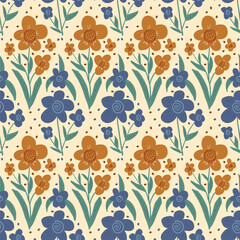 Retro flowers seamless pattern. Floral endless background. Wild flower ornament tile. Vintage botanic repeat cover. Vector hand drawn illustration.