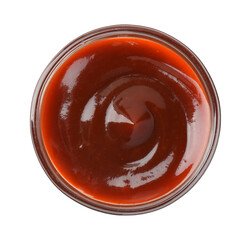 Tasty barbecue sauce in bowl isolated on white, top view