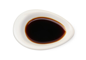 Tasty soy sauce in gravy boat isolated on white, top view