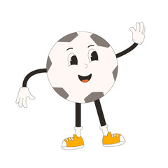 Football ball groovy character waving with hand. Soccer retro mascot. Cartoon sport equipment isolated on white background. Championship game. Vector rubber hose animation style illustration