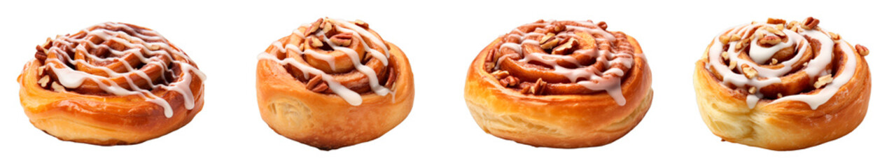 Collection of Pecan Cinnamon Rolls isolated on transparent png background. Generative ai
