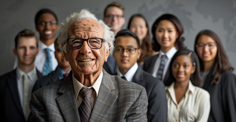 A diverse group of business people, representing different ethnicities, stand together in suits, smiling confidently at the camera, embodying unity and inclusivity in the corporate world