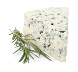 Tasty blue cheese with rosemary isolated on white