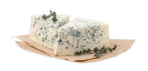 Tasty blue cheese with thyme isolated on white