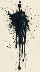 Tall black ink splash resembling a figure, monochrome artwork with a dramatic feel.