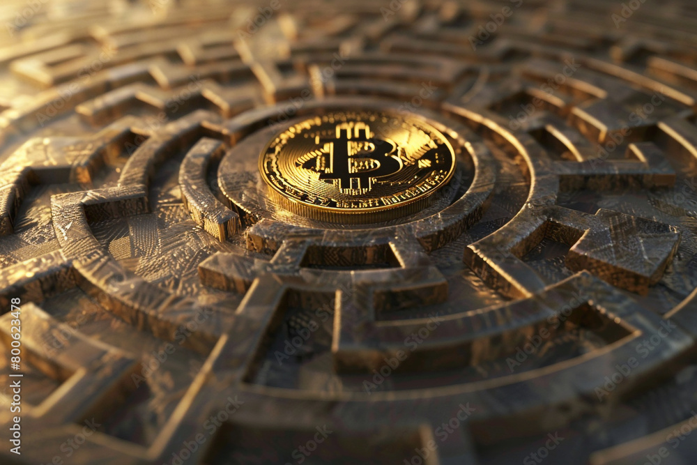 Poster n imaginative 3d depiction of a bitcoin labyrinth with a golden coin at its center
