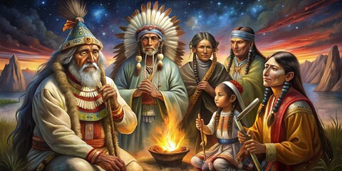 Illustration of a proud American Native Indian family in traditional dress