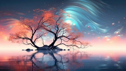 a photo abstract fractal art of a tree overhanging a lake beautiful vibrant colors reflections