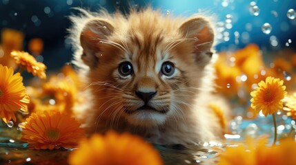 a photo tiny lion with orange daisy petals for his mane, macro lens focus on the lion’s head and daisy petals, surreal, playful, happy, colorful, water droplet details on the petals