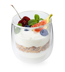 Glass with yogurt, berries and granola isolated on white
