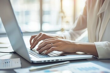 business woman close up of a person typing on a laptop computer