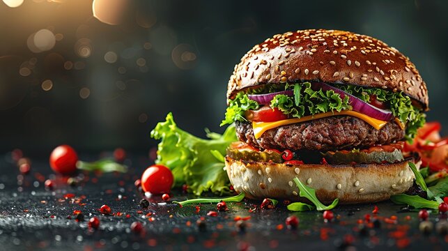 Delicious fast food burger on a dark background for your fast food business flyer, banner or template. Space for add text