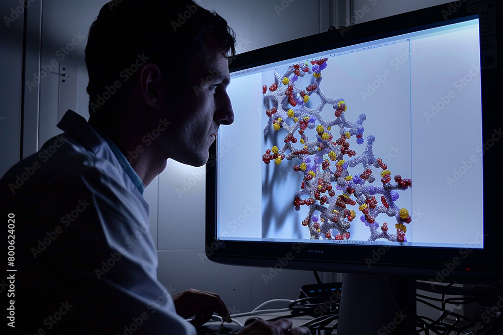 Poster scientist viewing 3d models of protein structures on a monitor, exploring potential drug targets