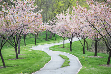 Naklejka premium A winding pathway lined with blooming cherry blossom trees