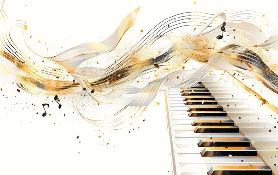 piano keys and musical notes white background, spiral composition Generative AI