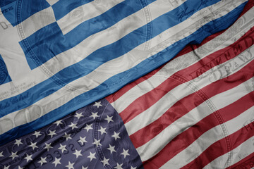 Obraz premium waving colorful flag of united states of america and national flag of greece on the dollar money background. finance concept. macro