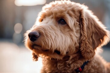 Fototapeta premium 'golden white isolated background dog labradoodle to sit studio doodle fluffy gold adorable breed curly cream curl doggy face frisky funny photogenic happy laying shot sweet young cute poodle irish'