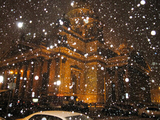 Snow falling on a church in Moscow. Russia during winter
